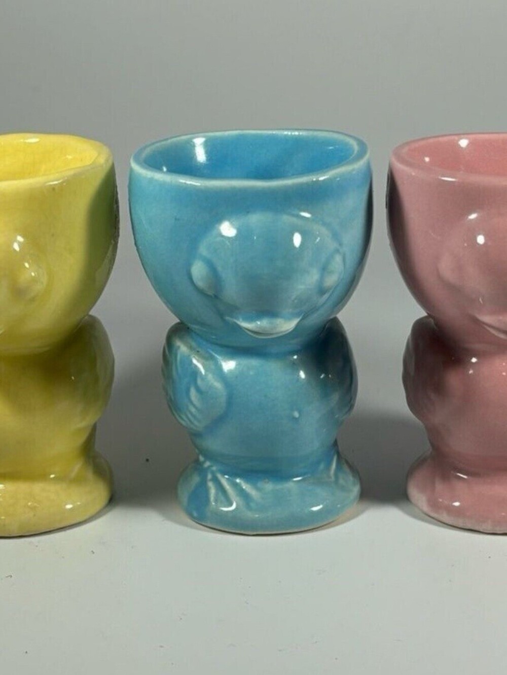 Vintage MCM Turquoise Blue Pink Yellow Pottery BIRD Kitschy Egg Cups Lot of 3
